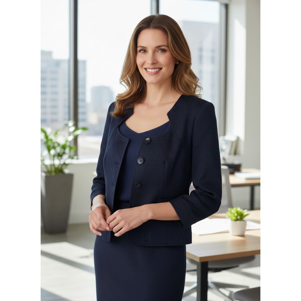 Jones New York Suit Navy Blue Jacquard Blazer 3/4 Sleeve Scoop Neck Size 10